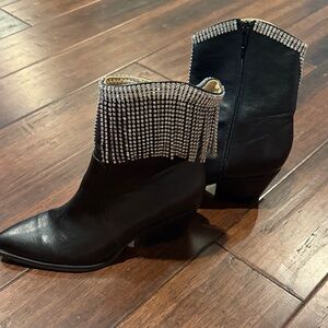 Elegant Black Ankle Boots with Rhinestone Fringe